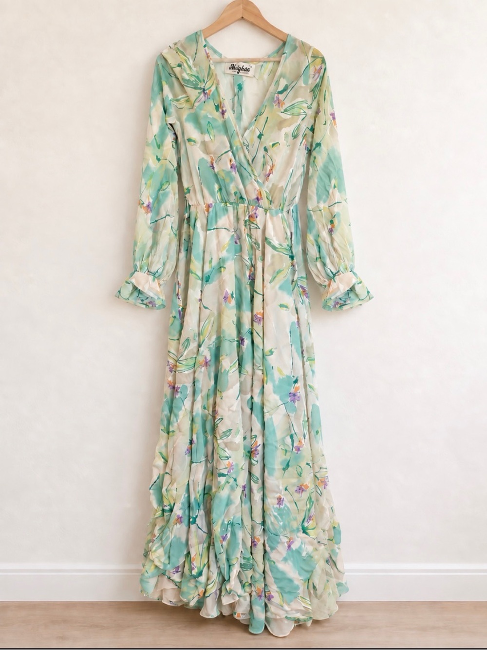Meghan Pastel Green and Cream Floral Maxi Wrap Dress